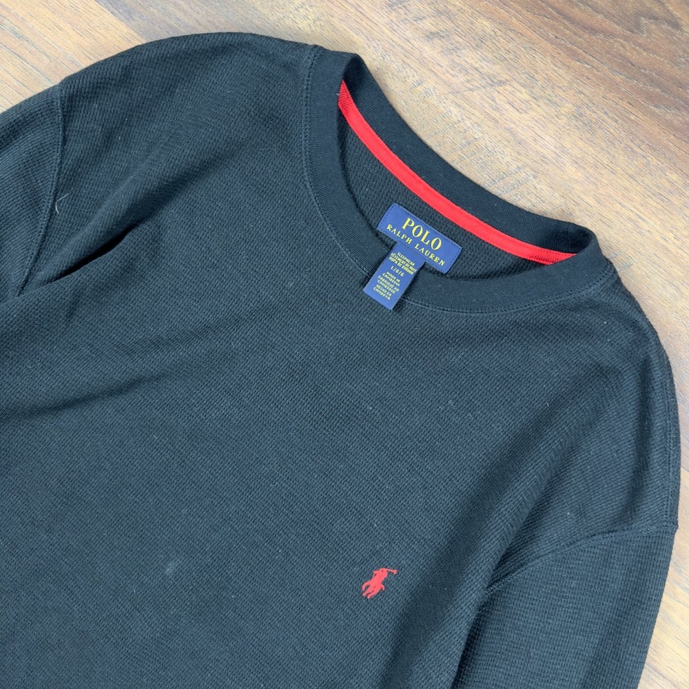 Polo Ralph Lauren Mens Black Waffle Knit Thermal Sleepwear Shirt Large Red Pony